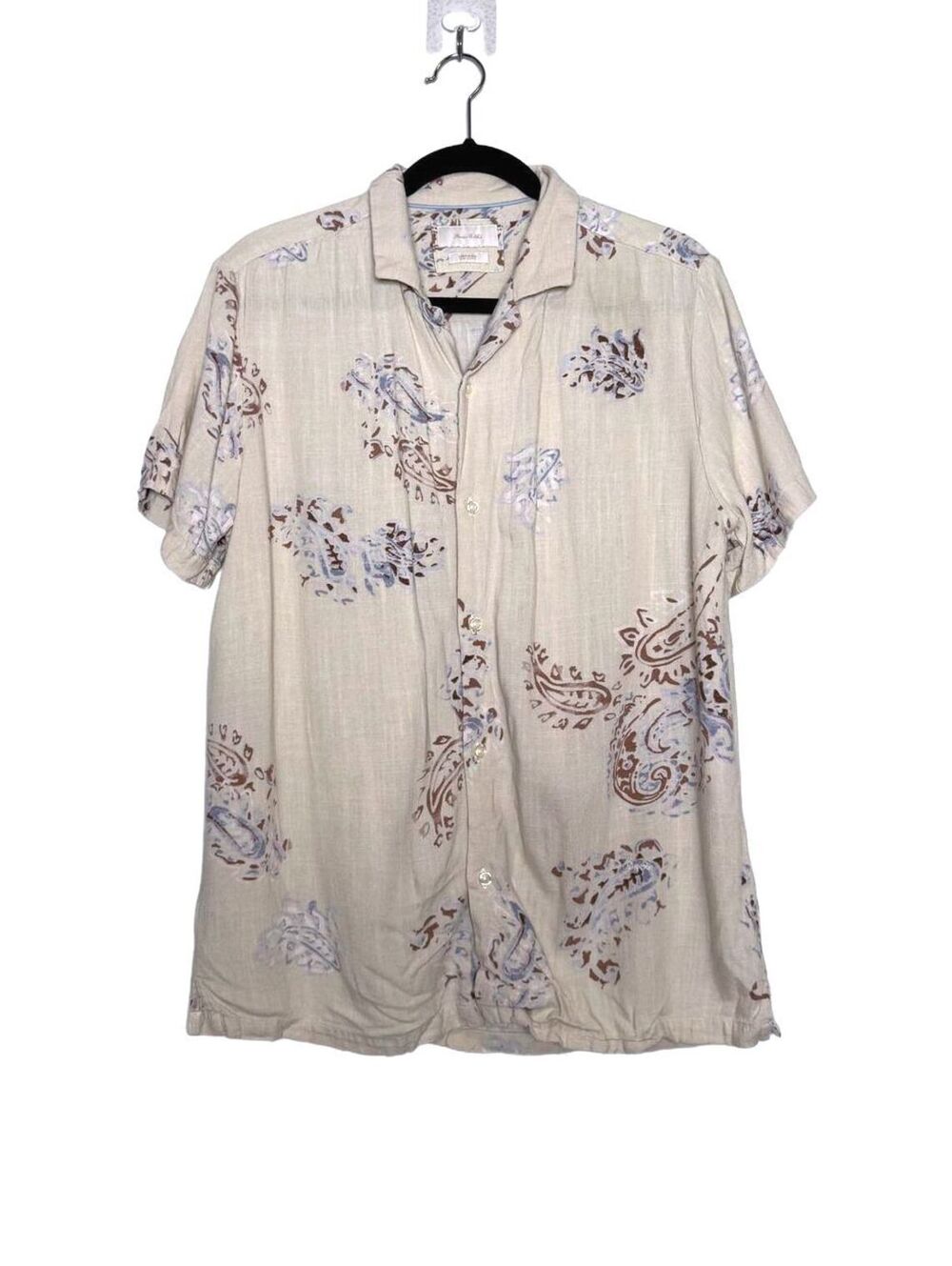 Men Beige Linen Relaxed Fit Short Sleeve Button-Up Shirt Medium